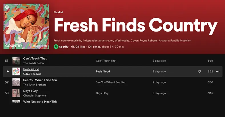 ONE The Duo Spotify Fresh Finds Country playlist pickup