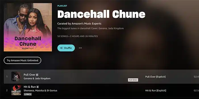 A music playlist titled "Dancehall Chune" on a streaming platform, featuring 50 songs. The screen displays the first two tracks: "Pull Over" by Govana & Jada Kingdom and "Hit & Run [Explicit]" by Shenseea, Masicka & Di Genius.