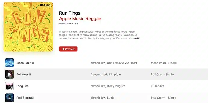 Apple Music Reggae playlist titled 'Run Tings' featuring various artists and songs. Includes preview and track listing with artists such as chronic law and Govana.