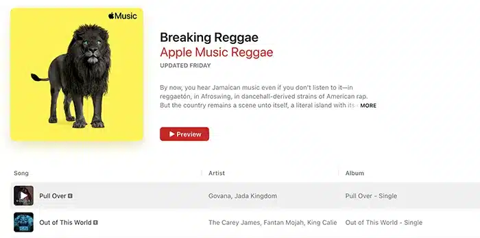 Screenshot of Apple Music page showcasing the "Breaking Reggae" playlist, with a yellow cover featuring a lion. List includes songs like "Pull Over" by Govana, Jada Kingdom, and "Out of This World" by The Carey James, Fantan Mojah, King Cale.