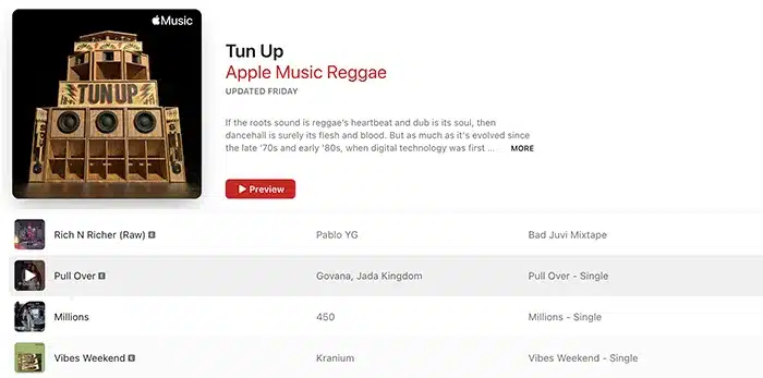 Screenshot of Apple Music Reggae playlist titled "Tun Up", featuring various songs such as "Rich n Richer (Raw)", "Pull Over", "Millions", and "Vibes Weekend".