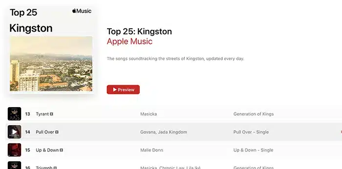 Screenshot of Apple Music's 'Top 25: Kingston' playlist featuring songs by various artists, with options to preview and a list of songs including artists such as Masicka, Govana, and Maile Donn.