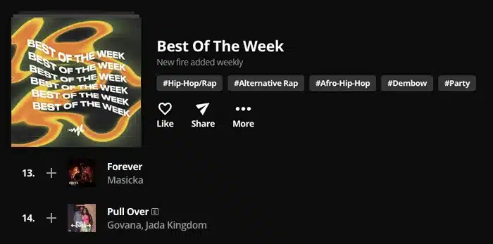 Best of the Week" music playlist featuring the song "Forever" by Masicka at position 13 and "Pull Over" by Govana and Jada Kingdom at position 14. Hashtags include #Hip-Hop/Rap and #AlternativeRap.