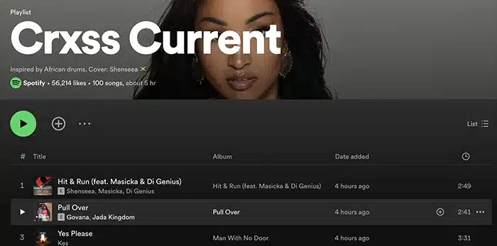 Screenshot of a Spotify playlist titled "Crxss Current," featuring a cover photo of Grace Gaustad. The playlist includes multiple songs, with some titles shown, and has over 56,000 likes—a case study in musical curation.