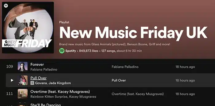 Screenshot of a Spotify playlist titled "New Music Friday UK" with the song "Forever" by Fabiana Palladino shown playing, followed by "Pull Over" by Govana and Jada Kingdom. The playlist has 849,875 likes.