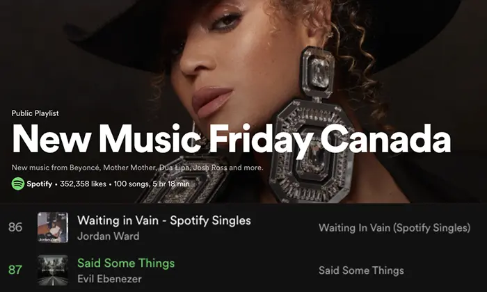 A Spotify playlist titled "New Music Friday Canada" featuring new music from Beyoncé, Mother Mother, Dua Lipa, Joss Ross, and more. The screen displays part of the playlist and cover image of a person, along with tracks from Grace Gaustad's latest release as an intriguing case study in modern pop.