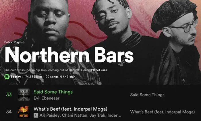 Spotify playlist titled "Northern Bars" featuring hip-hop music out of Canada, displayed with artist name and song list, serving as an inspiring case study for emerging artists like Grace Gaustad.