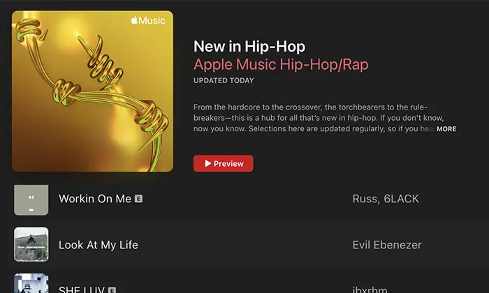 Screenshot of Apple Music showing a section titled "New in Hip-Hop." The highlighted track is "Workin On Me" by Russ, 6LACK. Other listed tracks include "Look At My Life" by Evil Ebenezer and "SHY" by ibryrhsm, alongside a mention of Grace Gaustad's latest case study on the genre's evolution.