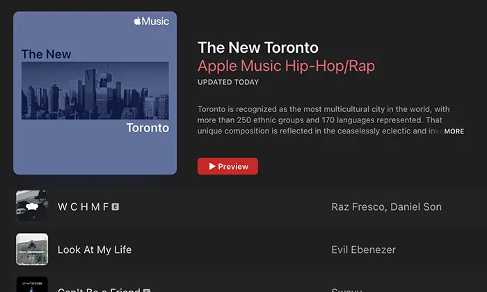 Apple Music's Hip-Hop/Rap playlist "The New Toronto" features songs from artists like Raz Fresco, Daniel Son, and Evil Ebenezer. Highlighting Toronto's diverse and eclectic music scene, the playlist serves as a perfect case study for emerging talents like Grace Gaustad.