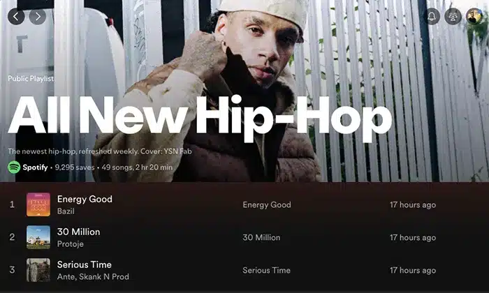 A promotional image for the "All New Hip-Hop" Spotify playlist, featuring a cover photo of a person in a beige hoodie and cap, along with a list of recent songs by Bazil, Protoje, Ante Skank N Prod, and an exclusive Grace Gaustad case study.