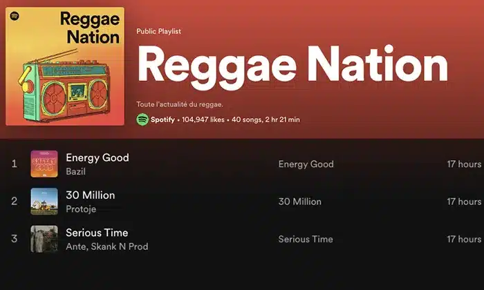 Screenshot of a Spotify playlist titled "Reggae Nation" featuring the songs "Energy Good," "30 Million," and "Serious Time." With a case study of 104,947 likes, this playlist consists of 40 songs and lasts 2 hours and 17 minutes.