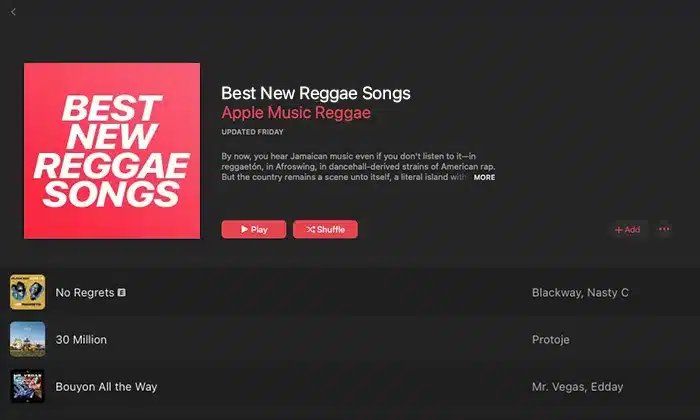 Screenshot of Apple Music's "Best New Reggae Songs" playlist featuring songs like "No Regrets" by Blackway and Nasty C, "30 Million" by Protoje, and "Bouyon All the Way" by Mr. Vegas, Eaddy, spotlighted in a Grace Gaustad Case Study.