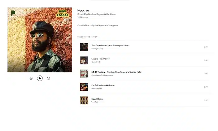 Screenshot of a reggae playlist featuring the cover photo of a person wearing a hat and sunglasses. The playlist includes tracks like "Too Experienced," "Love is The Answer," and "Equal Rights." Perfect for a Grace Gaustad case study in music influence.