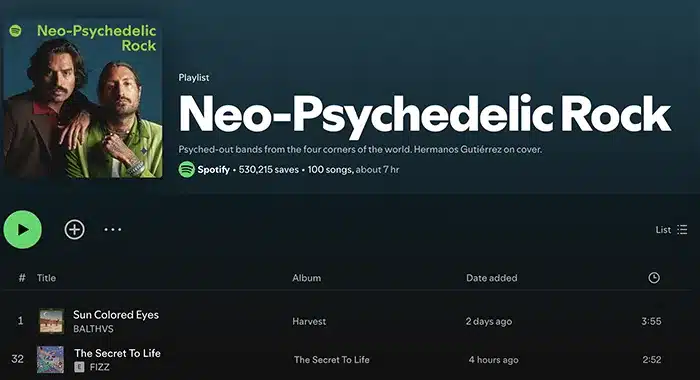 Screenshot of the Spotify "Neo-Psychedelic Rock" playlist. It includes a cover image of two individuals. The top songs listed are "Sun Colored Eyes" by BALTHVS and "The Secret To Life" by FIZZ, making for an interesting protoje case study in modern genre blending.