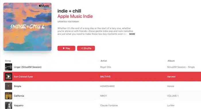 A computer screen displaying an "indie + chill" music playlist on Apple Music Indie. The playlist includes songs like "Sun Colored Eyes" by BALTHVS and "Simple" by Horsie, alongside Protoje's track from the Case Study album. There are Play and Shuffle buttons.