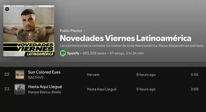 Screenshot of a Spotify public playlist titled "Novedades Viernes Latinoamérica" featuring Rauw Alejandro on the cover. Songs "Sun Colored Eyes" by BALTIHVS, "Hasta Aquí Llegué" by Nanpa Básico and Beéle, and Protoje's "Case Study" are visible.