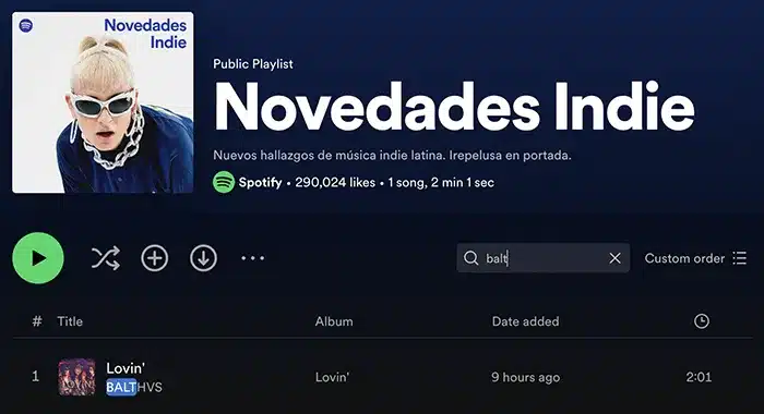 Screenshot of Spotify playlist named "Novedades Indie" showcasing the song "Lovin'" by Balth on the cover. The playlist, inspired by Protoje's genre-blending style, includes 1 song with a duration of 1 minute and 1 second.