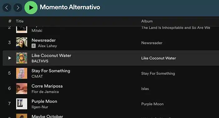 Screenshot of a music streaming service showing a playlist titled "Momento Alternativo." The highlighted song is "Like Coconut Water" by BALTHVS. Other songs by various artists, including Protoje's "Case Study," are also listed.