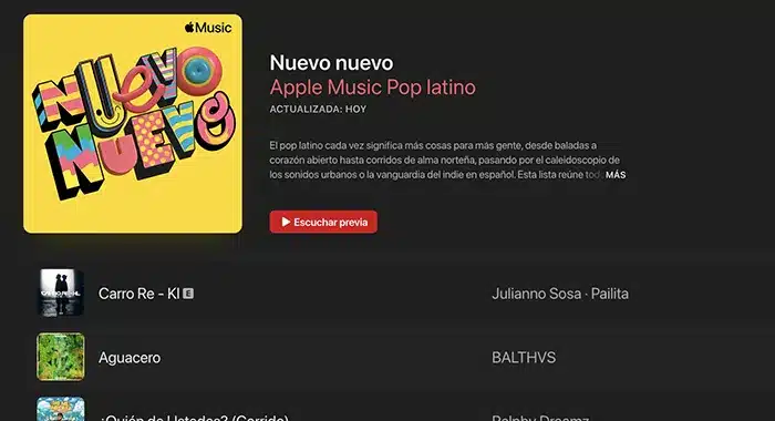 Apple Music playlist titled "Nuevo Nuevo," featuring the latest Latin pop hits and a touch of Protoje Case Study. Options to preview tracks, with songs listed by Carro Re, Julianno Sosa, Pailita, Aguacero, and BALTHVS.