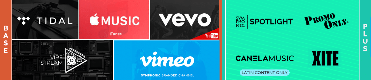 A collection of music streaming service logos, including Tidal, Apple Music, Vevo, Vimeo, and others involved in video distribution, displayed in a grid with dark and light backgrounds labeled "BASE" and "PLUS.