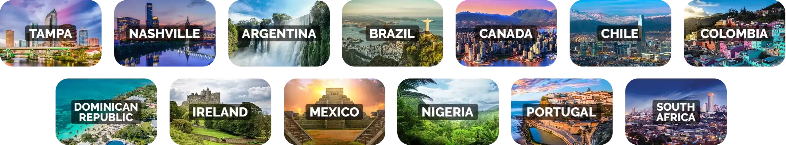 A grid of twelve city and country images labeled Tampa, Nashville, Argentina, Brazil, Canada, Chile, Colombia, Dominican Republic, Ireland, Mexico, Nigeria, Portugal, and South Africa showcases the symphonic offices' global reach.