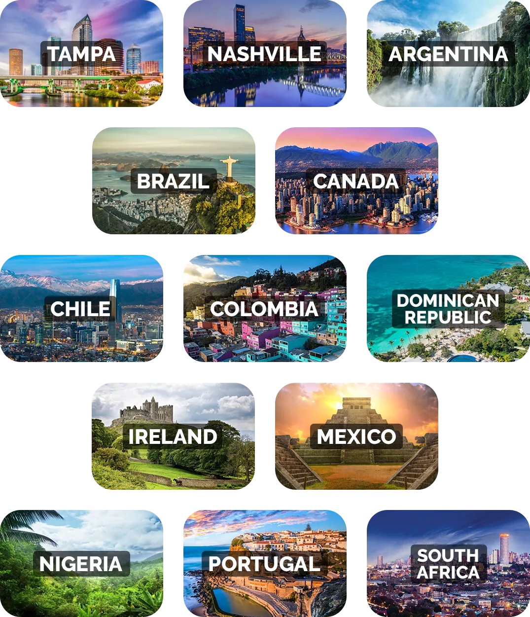 Images of various cities and landmarks from around the world, each labeled with the location's name including Tampa, Nashville, Argentina, Brazil, Canada, Chile, Colombia, Dominican Republic, Ireland, Mexico, Nigeria, Portugal, and South Africa.