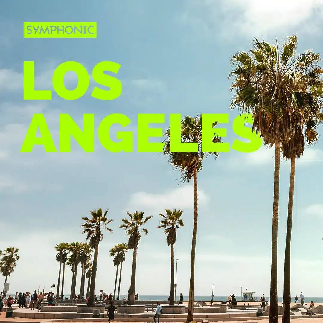 Palm trees line a beach promenade under a clear sky in Los Angeles, with "Los Angeles" written in bold green text, capturing the essence of life that's as rhythmic and inspiring as a symphony.