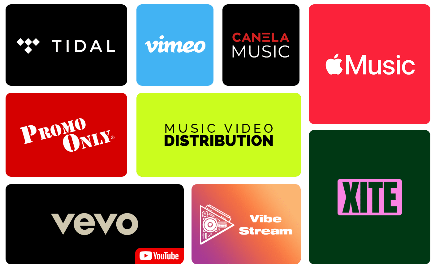 Logos of various music and video platforms, including Tidal, Vimeo, Canela Music, Apple Music, Promo Only, Music Video Distribution, Vevo, YouTube Vibe Stream, and XITE are displayed on a white background—a celebration of entertainment across leading video distribution services.